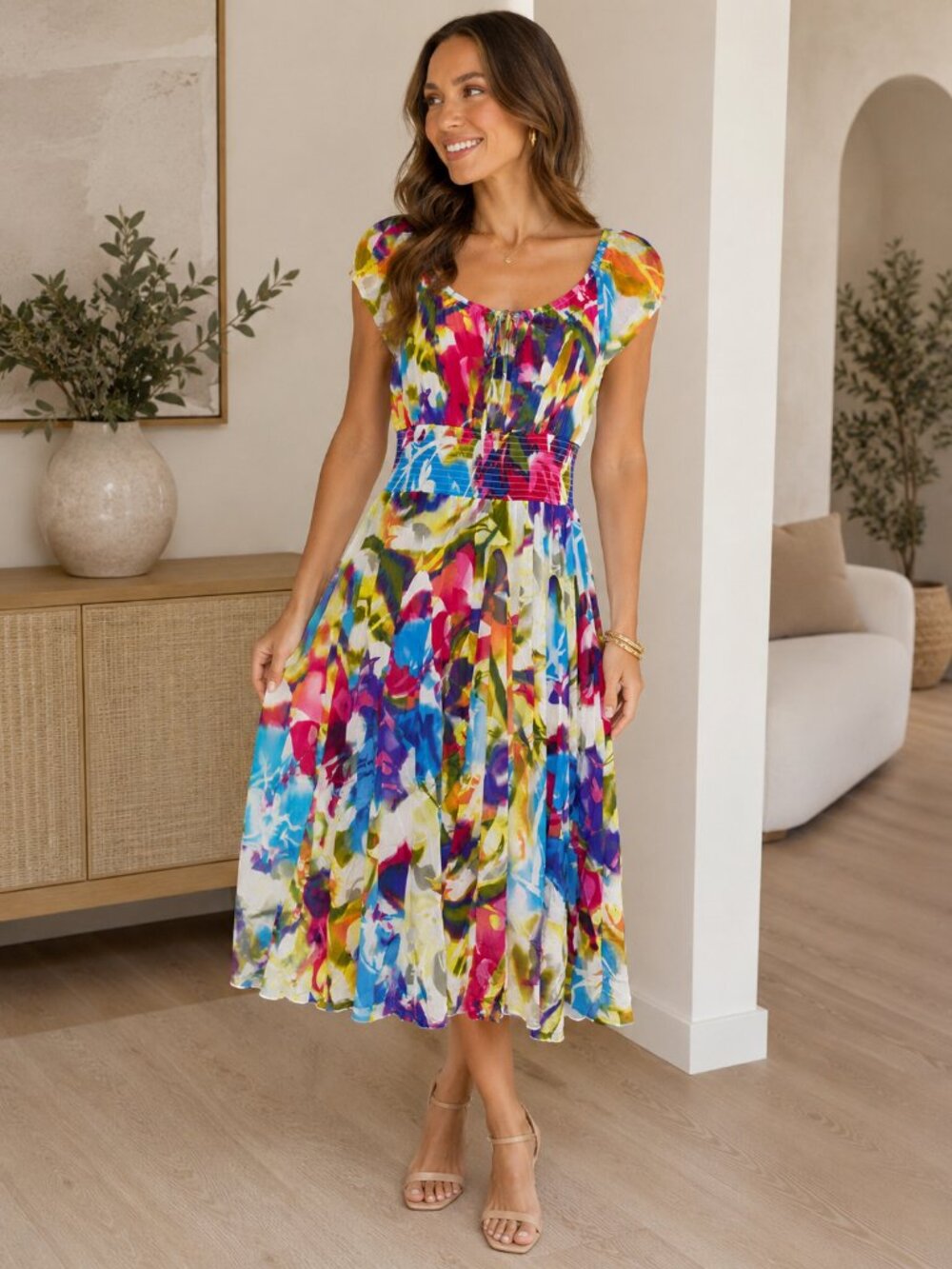Chelsea & Theodore White Multi Print Dress Size XL Casual Workwear Dress